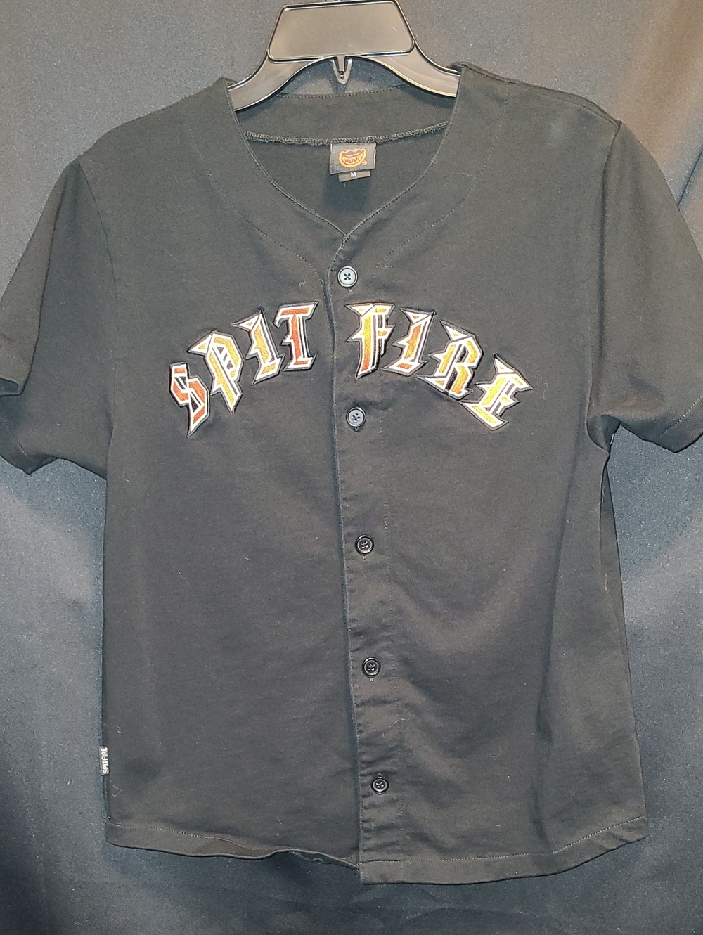 Old School Spitfire Men's M Black Logo Graphic Button-Front Short Sleeve Jersey